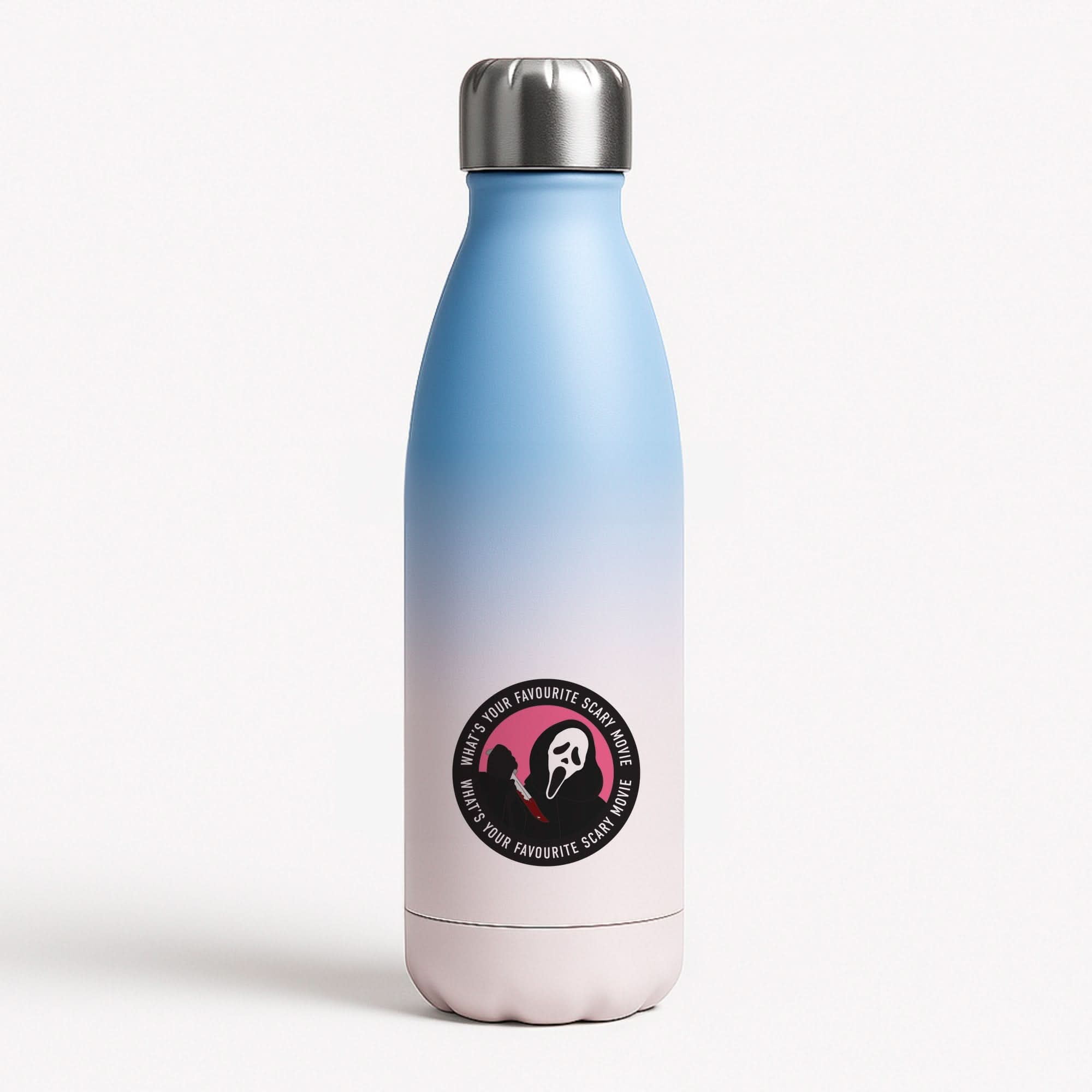 What's Your Favourite Scary Movie Badge Blue Water Bottle