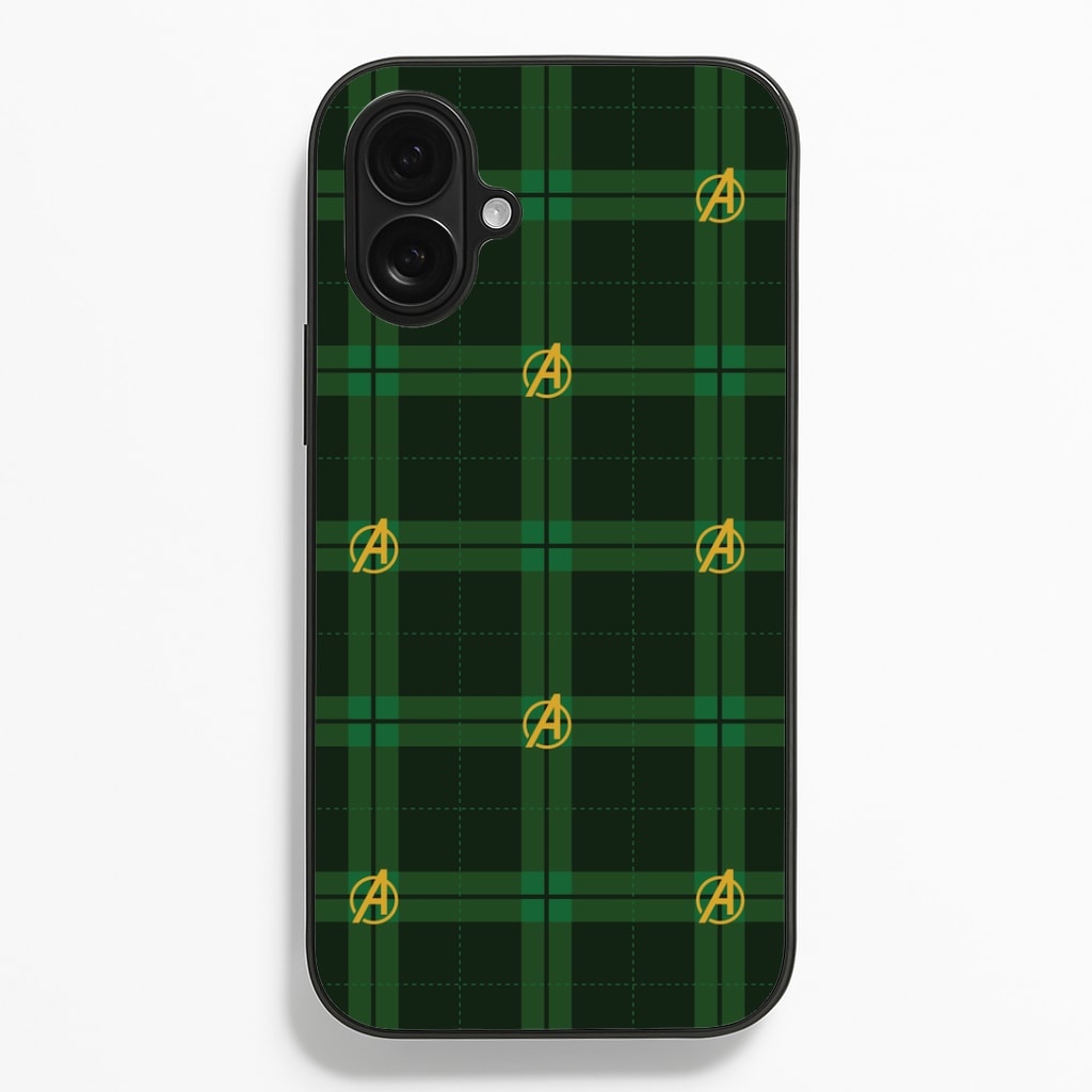 Superhero Team Green Tartan Pattern iPhone 16 Plus Case