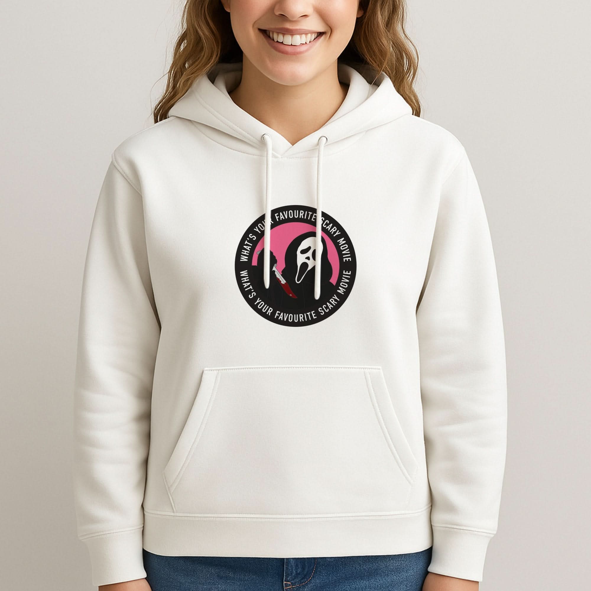 What's Your Favourite Scary Movie Badge Womans Hooded Sweatshirt