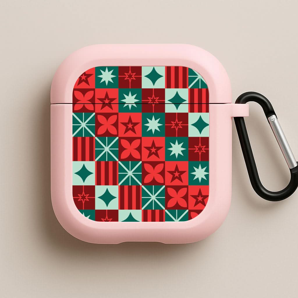 Geometric Square Christmas Pattern Pink AirPods Case