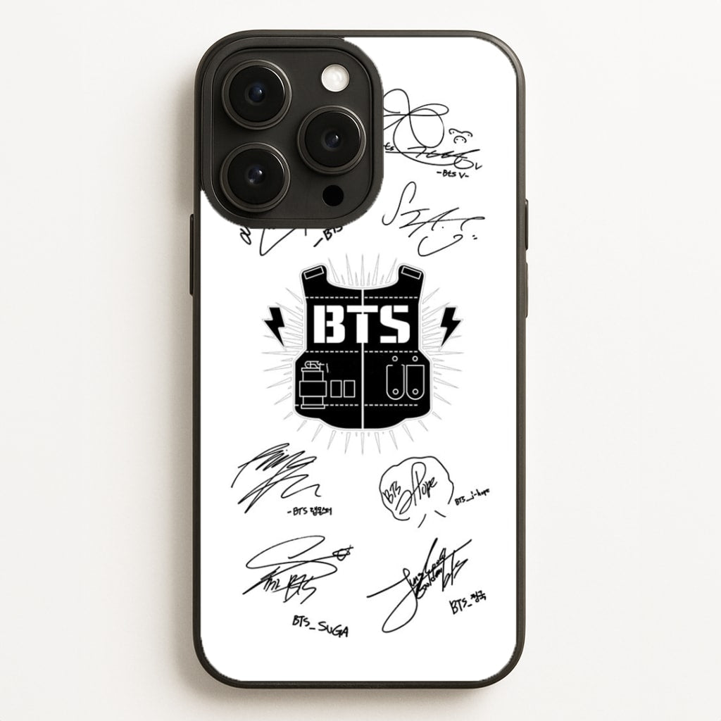 White K-Pop Band Army Logo and Signatures Phone Case for iPhone, Samsung Galaxy and Google Pixel