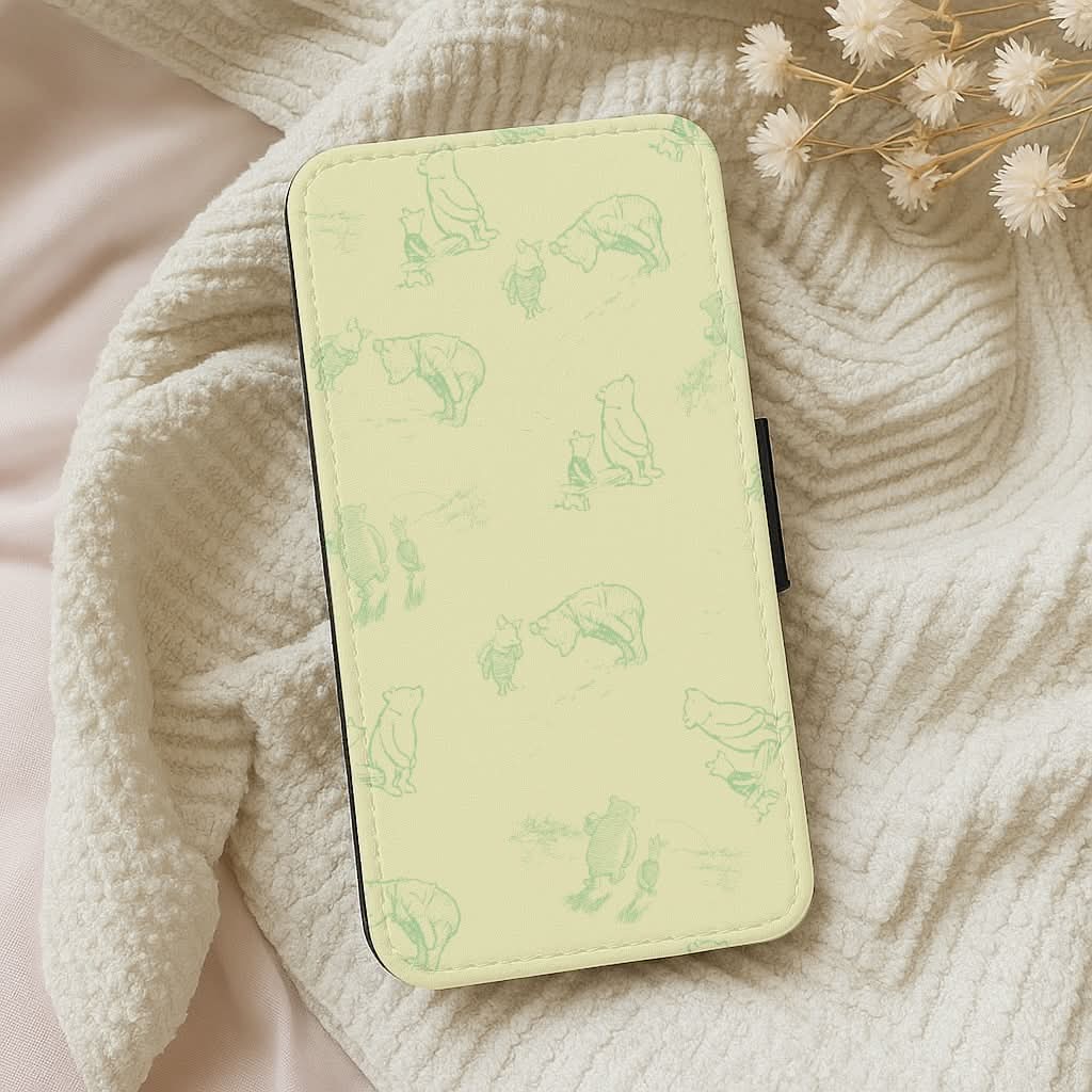 Sketched Winnie Pattern Leather Phone Case