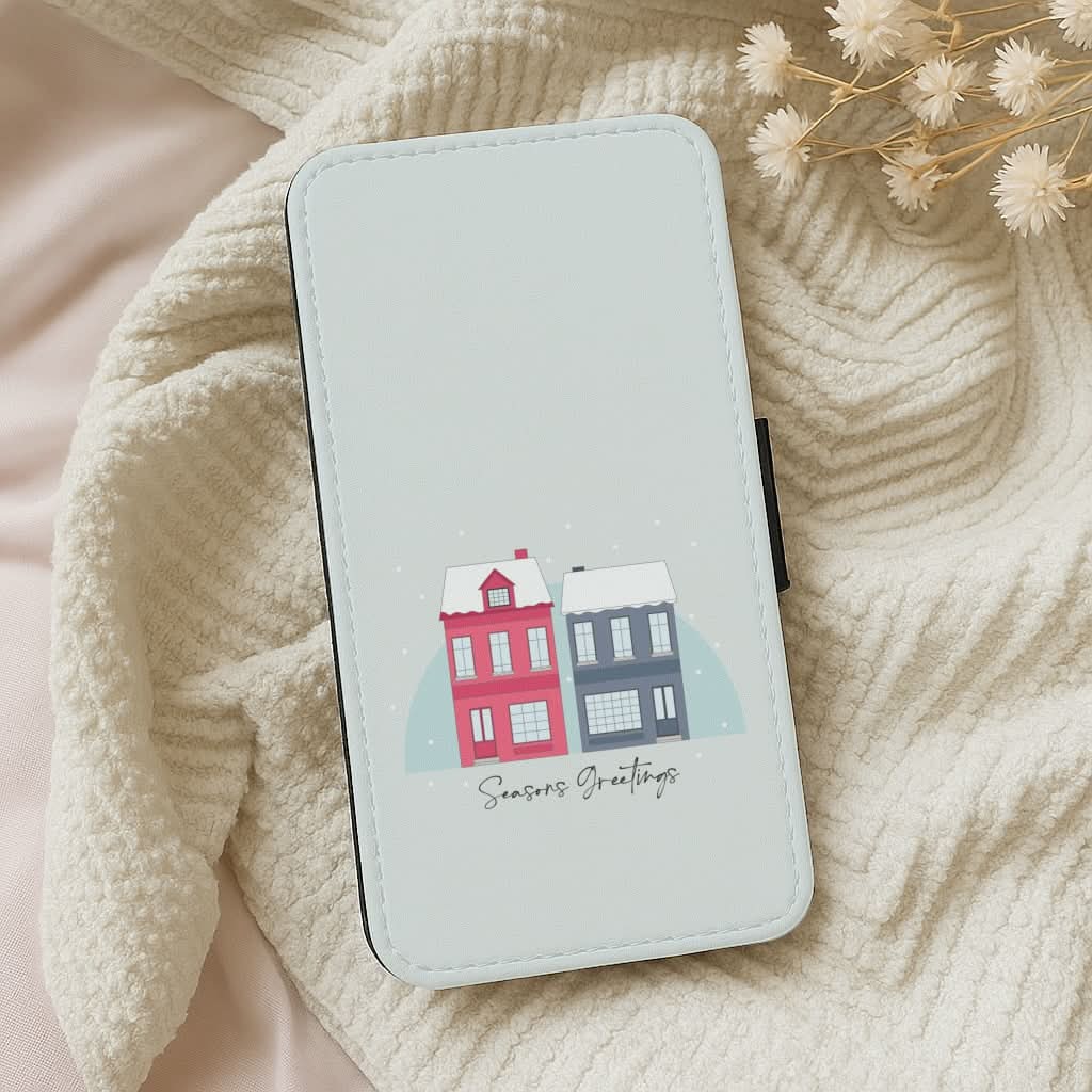 Seasons Greetings Winter Townhouses Leather Phone Case