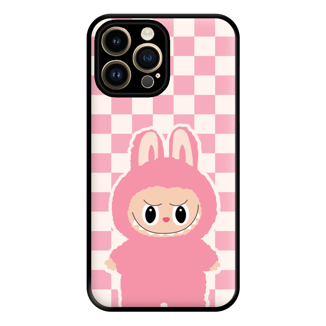 Checkered Cute Pink Monster iPhone 14 Pro Case