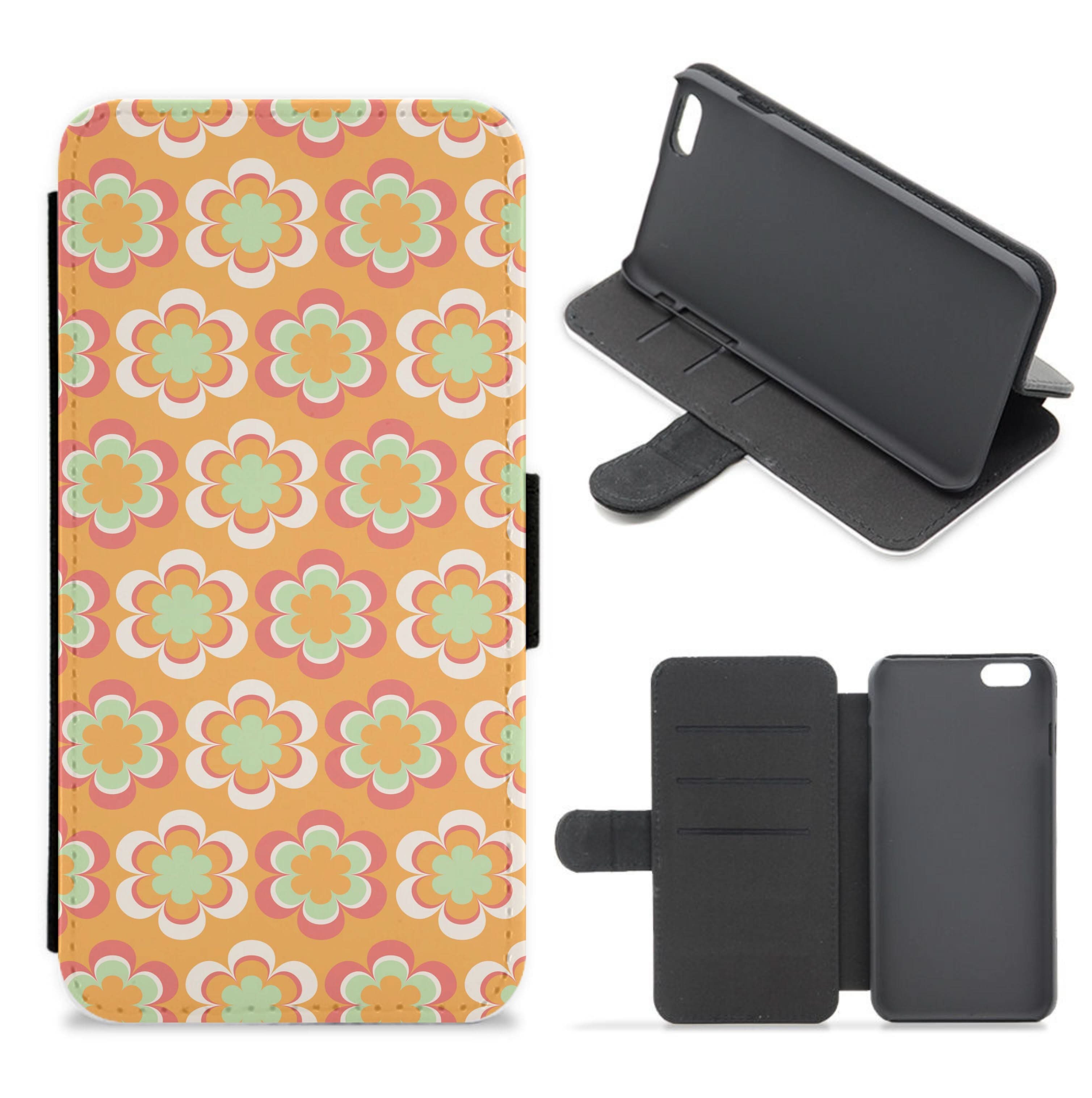 Orange Retro Flowers Pattern Flip / Wallet Phone Case