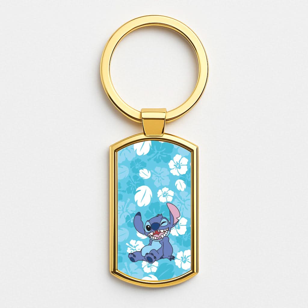 Cute Blue Alien Floral Pattern Gold Keyring