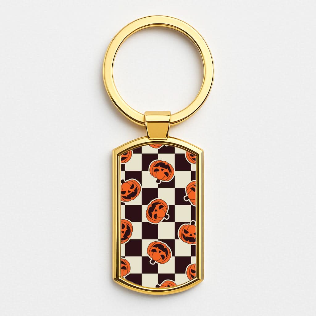 Pumpkin Stickers Checkered Pattern Gold Keyring