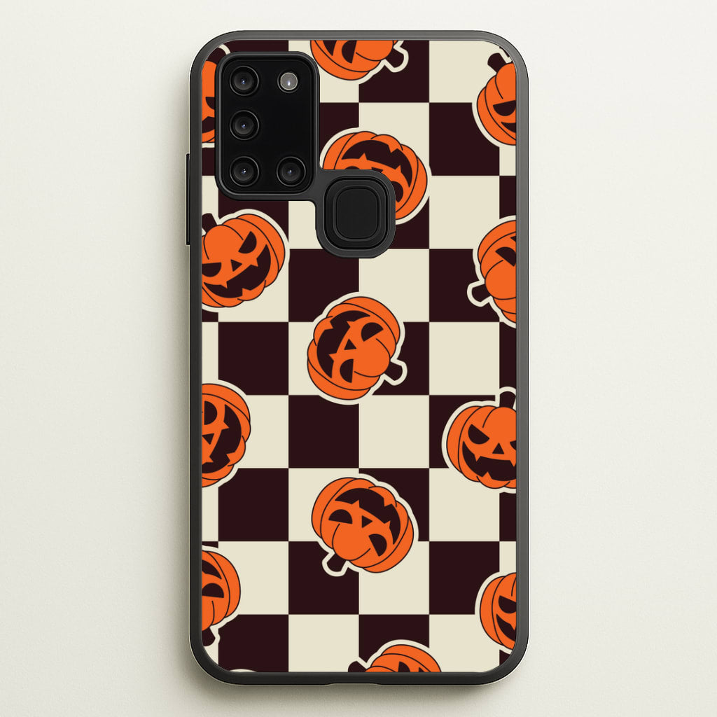 Pumpkin Stickers Checkered Pattern Galaxy A21s Case