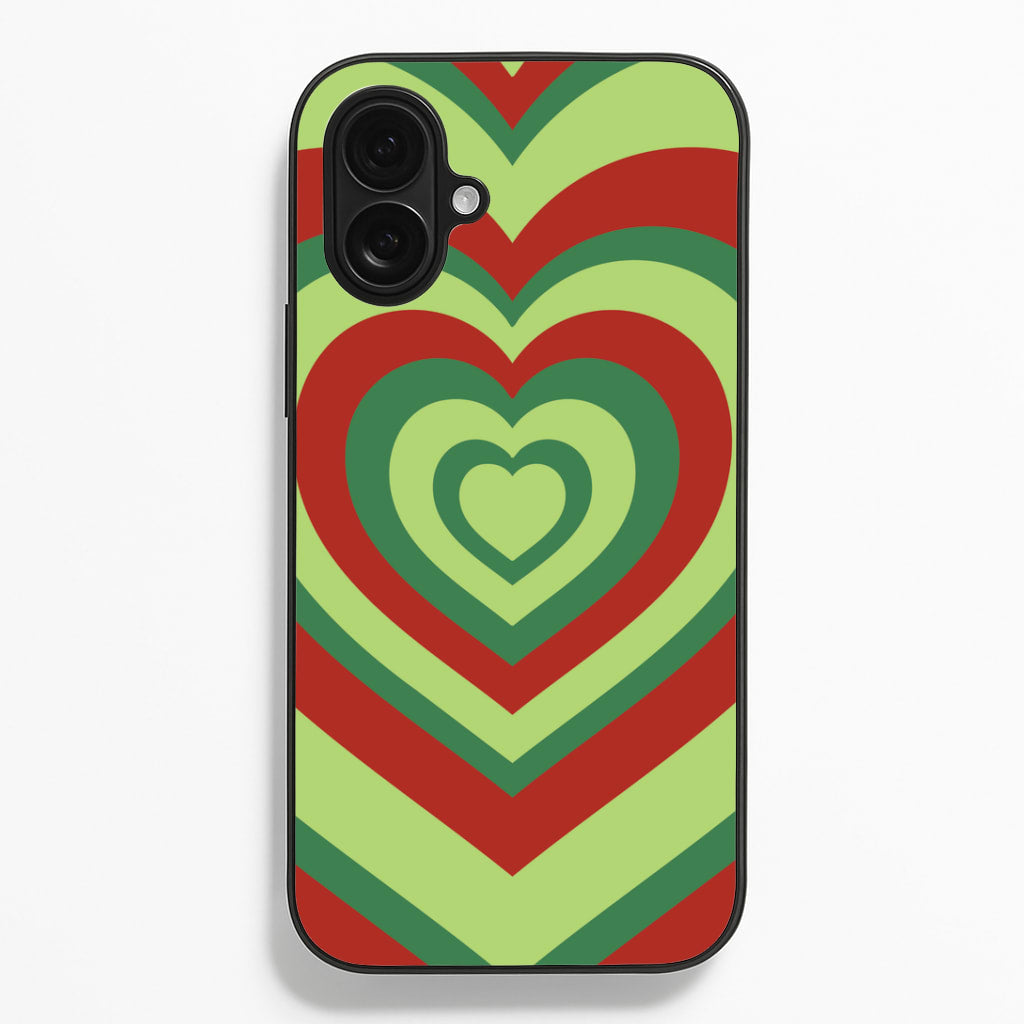 Red And Green Trippy Heart Christmas Pattern iPhone 16 Plus Case