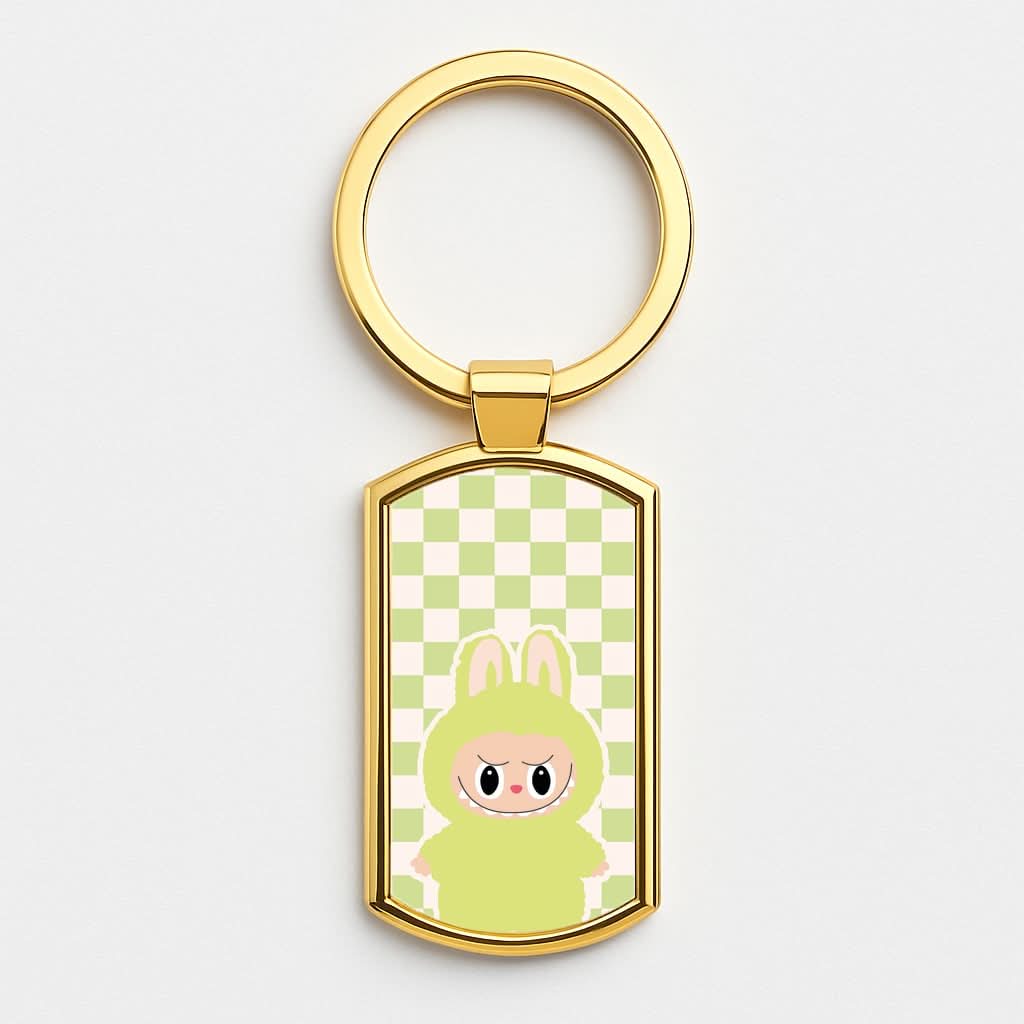 Checkered Cute Green Monster Gold Keyring
