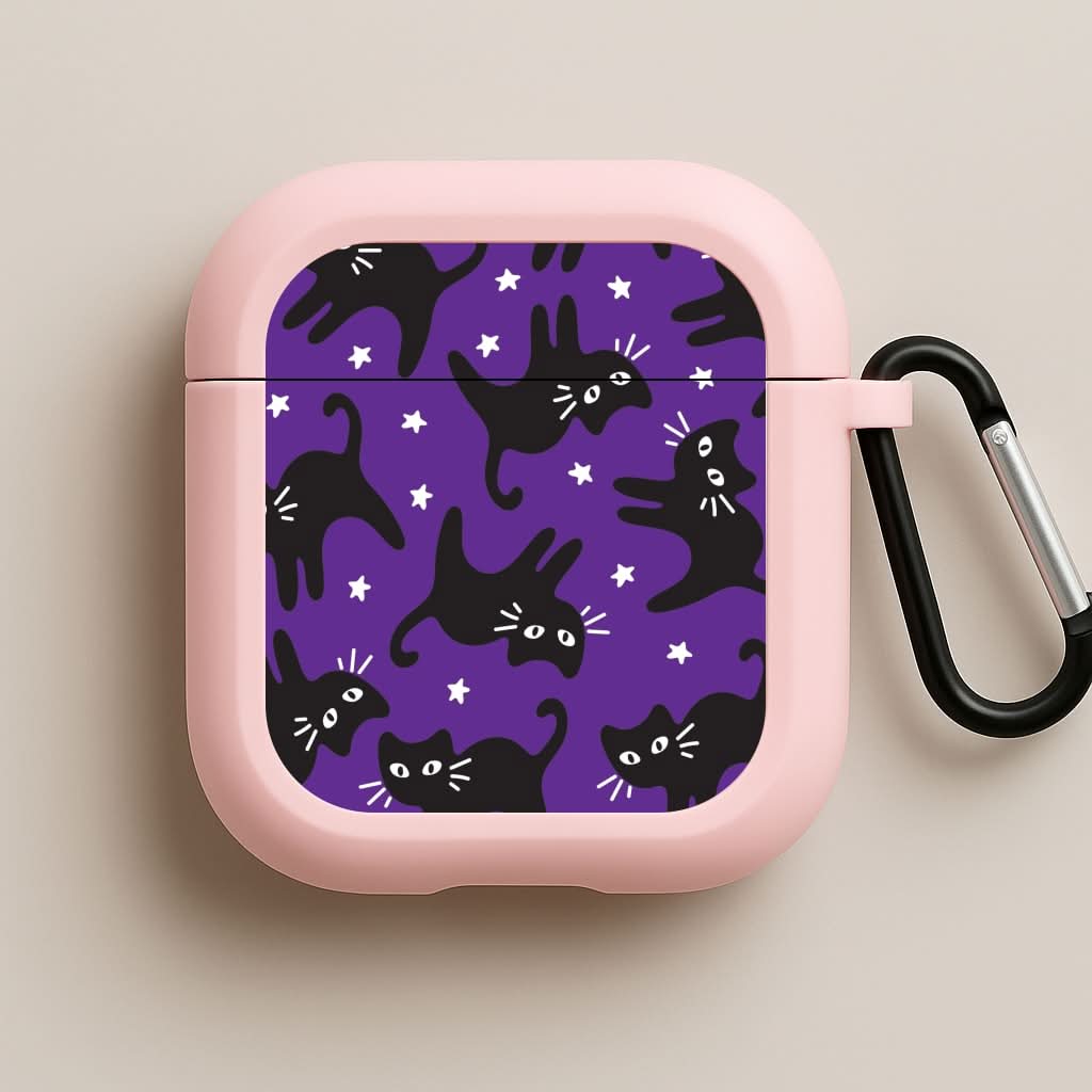 Cartoon Black Cats And Stars Pattern Pink AirPods Case