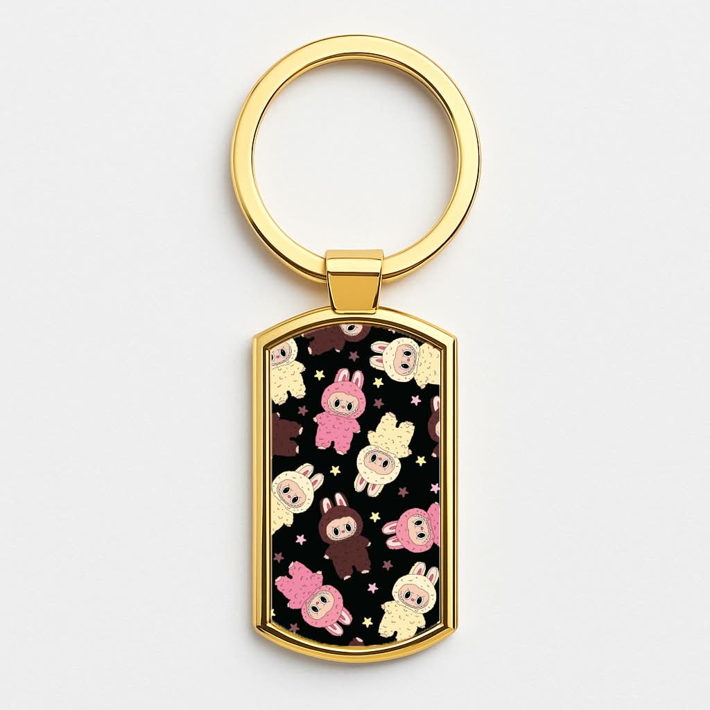 Cute Monsters And Stars Pattern Gold Keyring