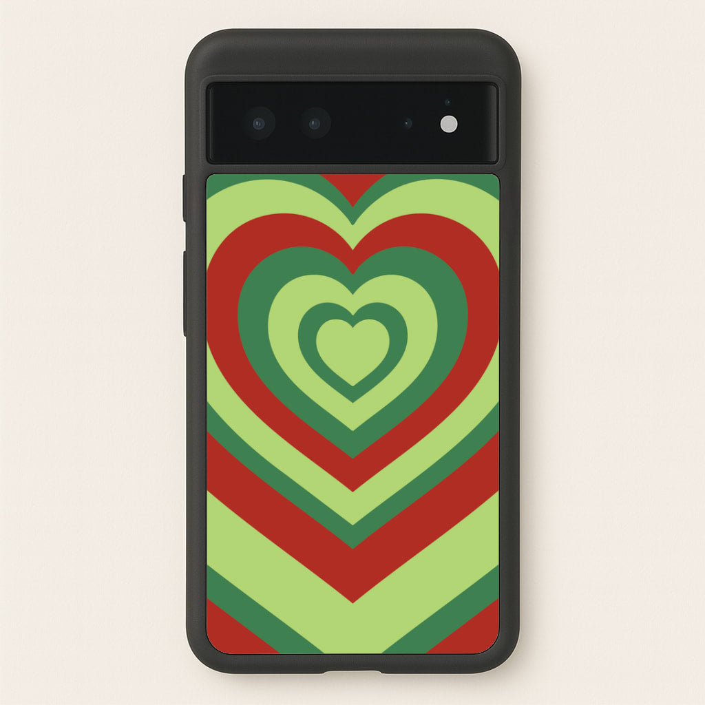 Red And Green Trippy Heart Christmas Pattern Google Pixel 6 Case