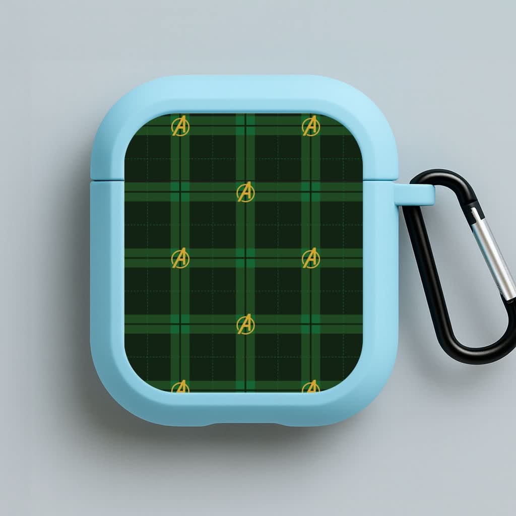 Superhero Team Green Tartan Pattern Blue AirPods Case