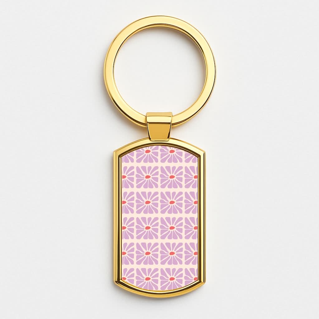 Square Abstract Flowers Mauve Gold Keyring