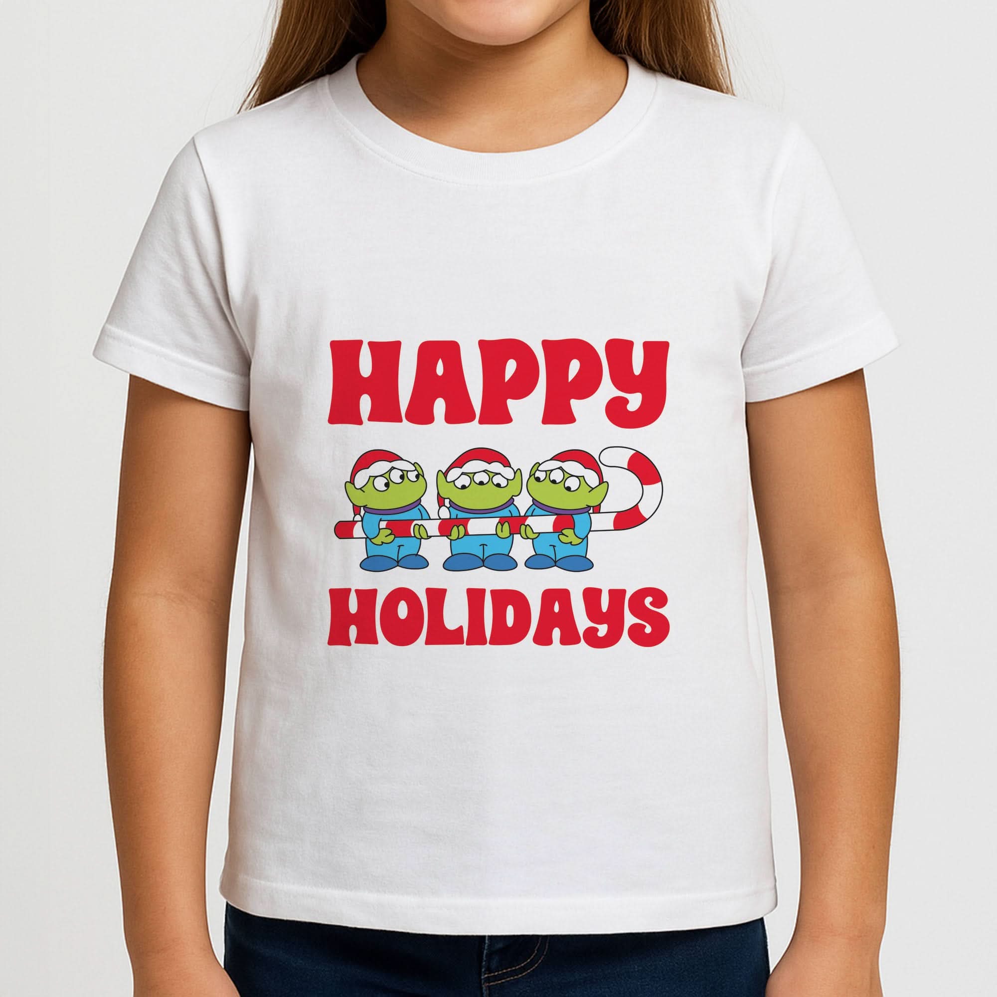 Happy Holidays Cute Green Aliens Girls T-Shirt