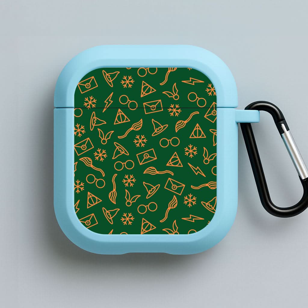 Christmas Wizard Icons Pattern Blue AirPods Case