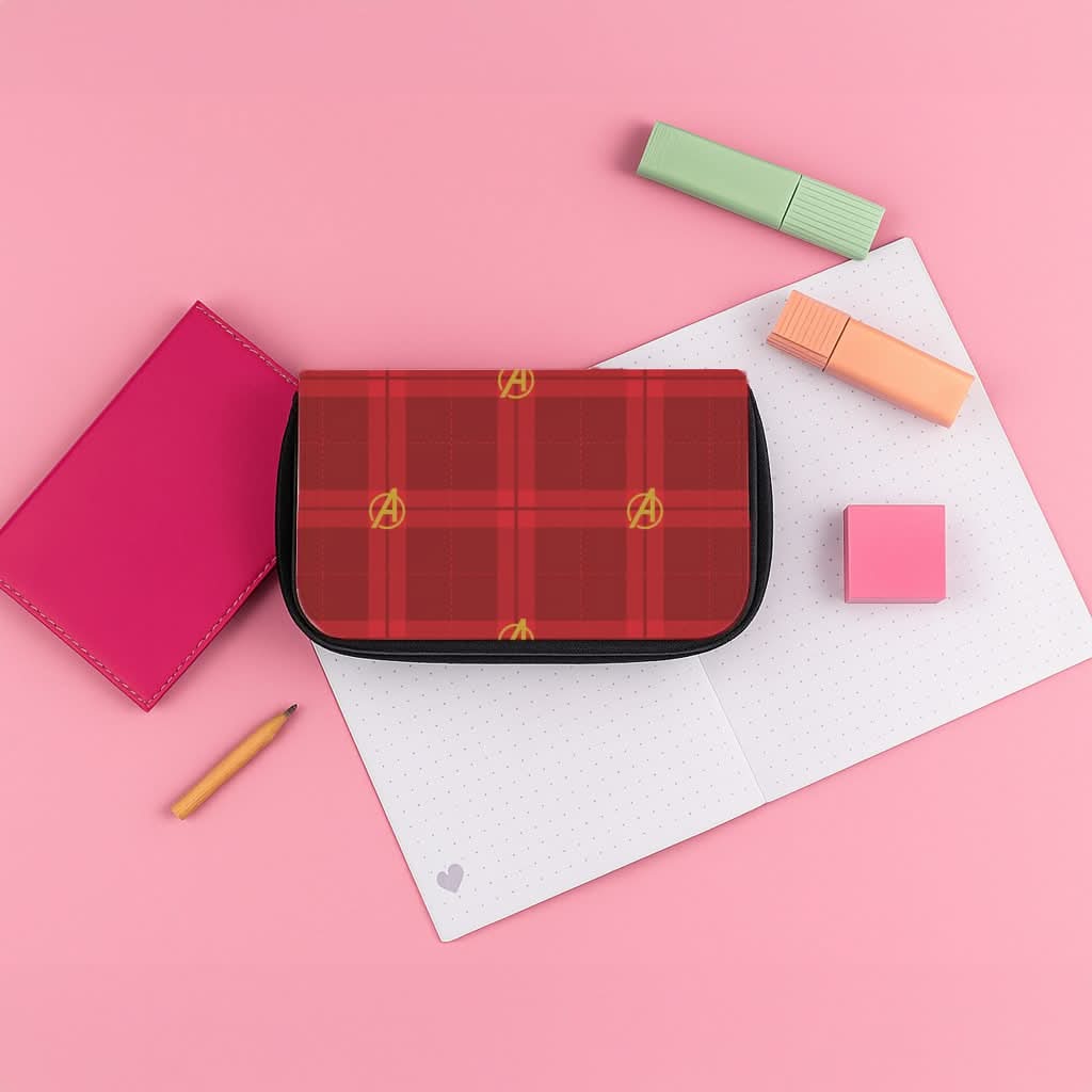 Superhero Team Red Tartan Pattern Pencil Case