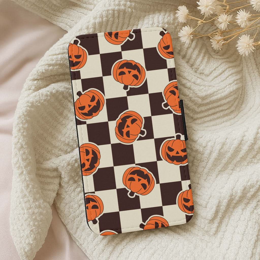 Pumpkin Stickers Checkered Pattern Leather Phone Case