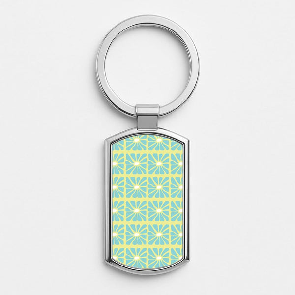 Square Abstract Flowers Blue Silver Metal Keyring