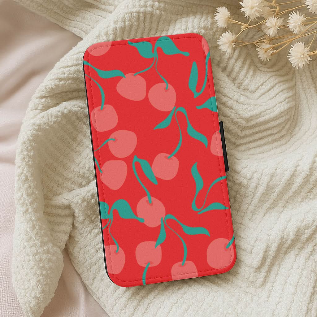 Red Abstract Cherries Pattern Leather Phone Case