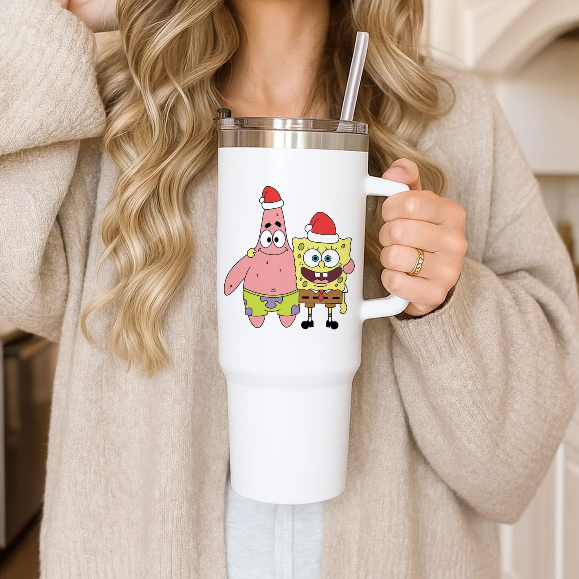 Cartoon Sponge And Starfish Christmas Hats Tumbler