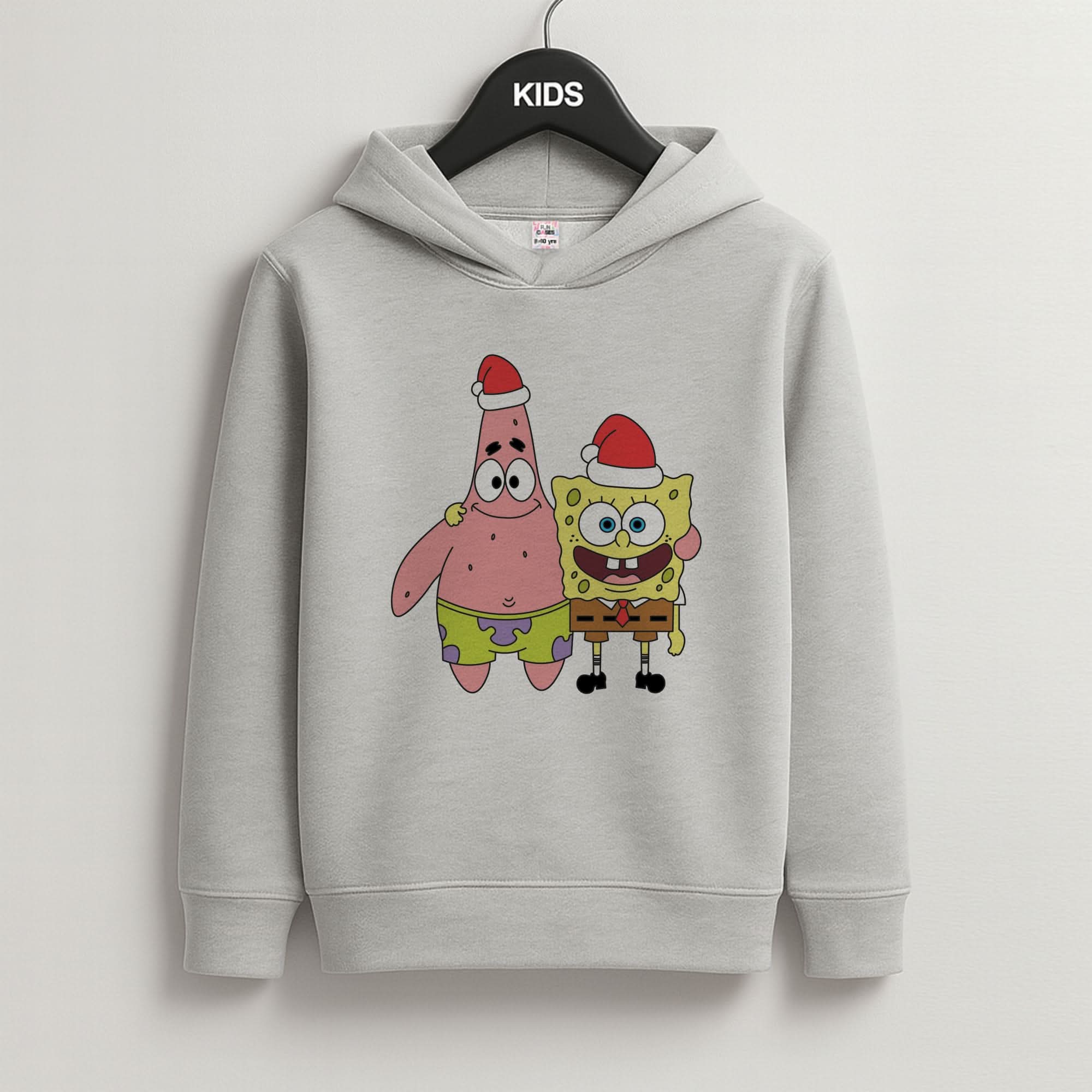 Cartoon Sponge And Starfish Christmas Hats Grey Kids Hoodie