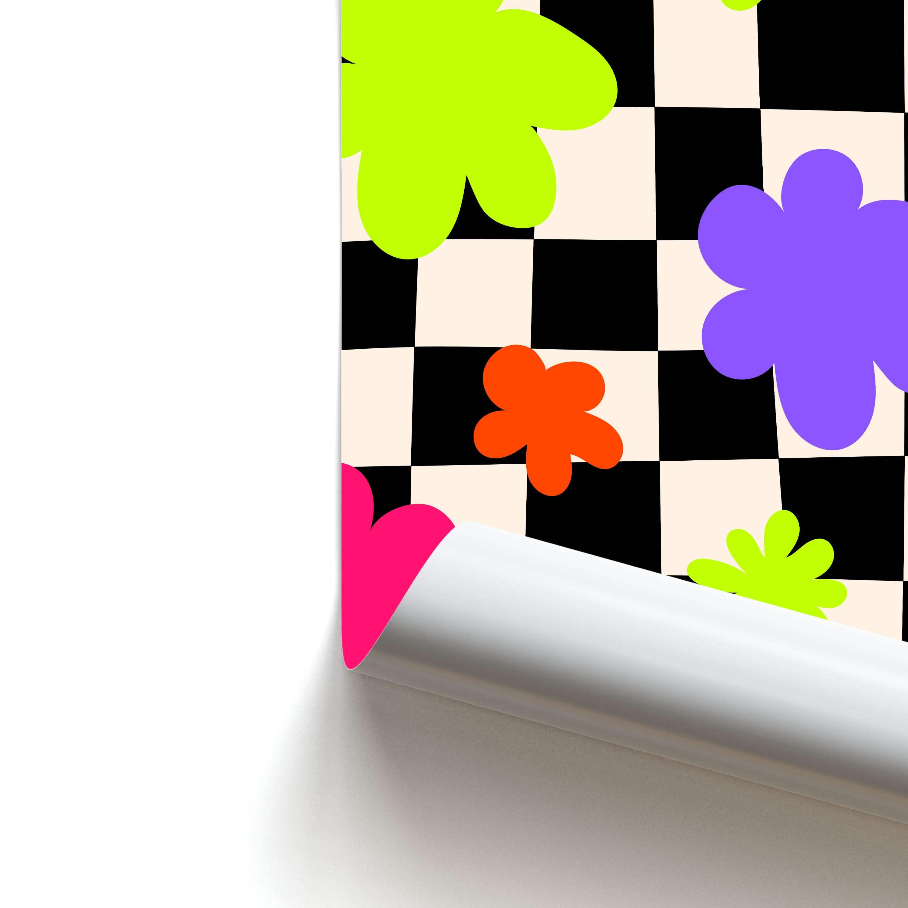 Abstract Flowers Checkered Pattern Poster