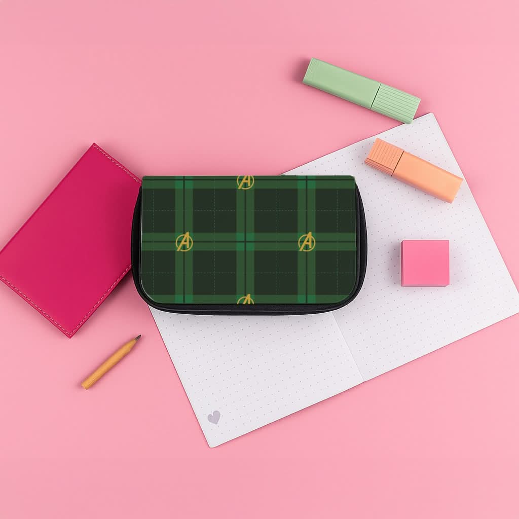 Superhero Team Green Tartan Pattern Pencil Case