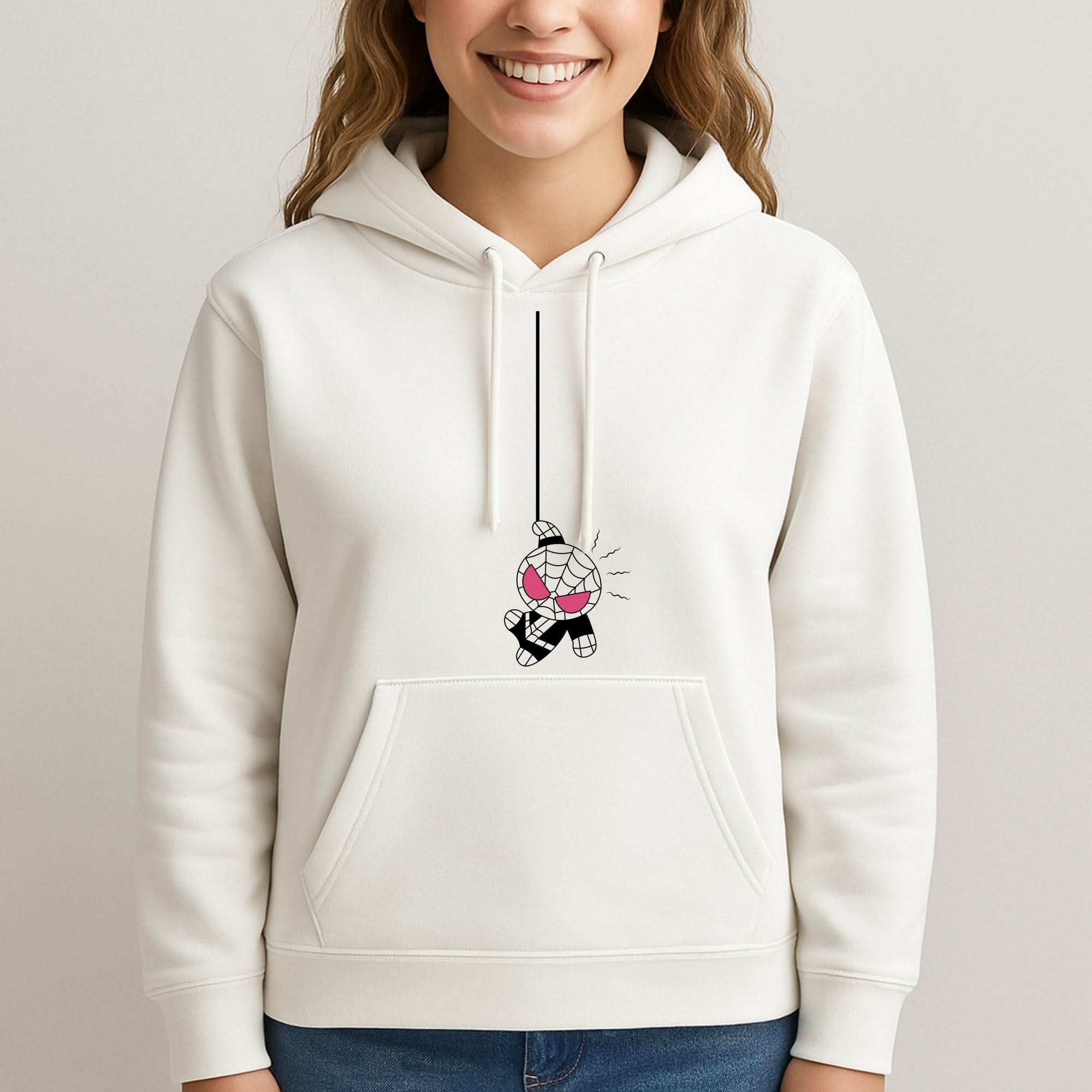 Pink Hanging Spider Hero Womans Hooded Sweatshirt