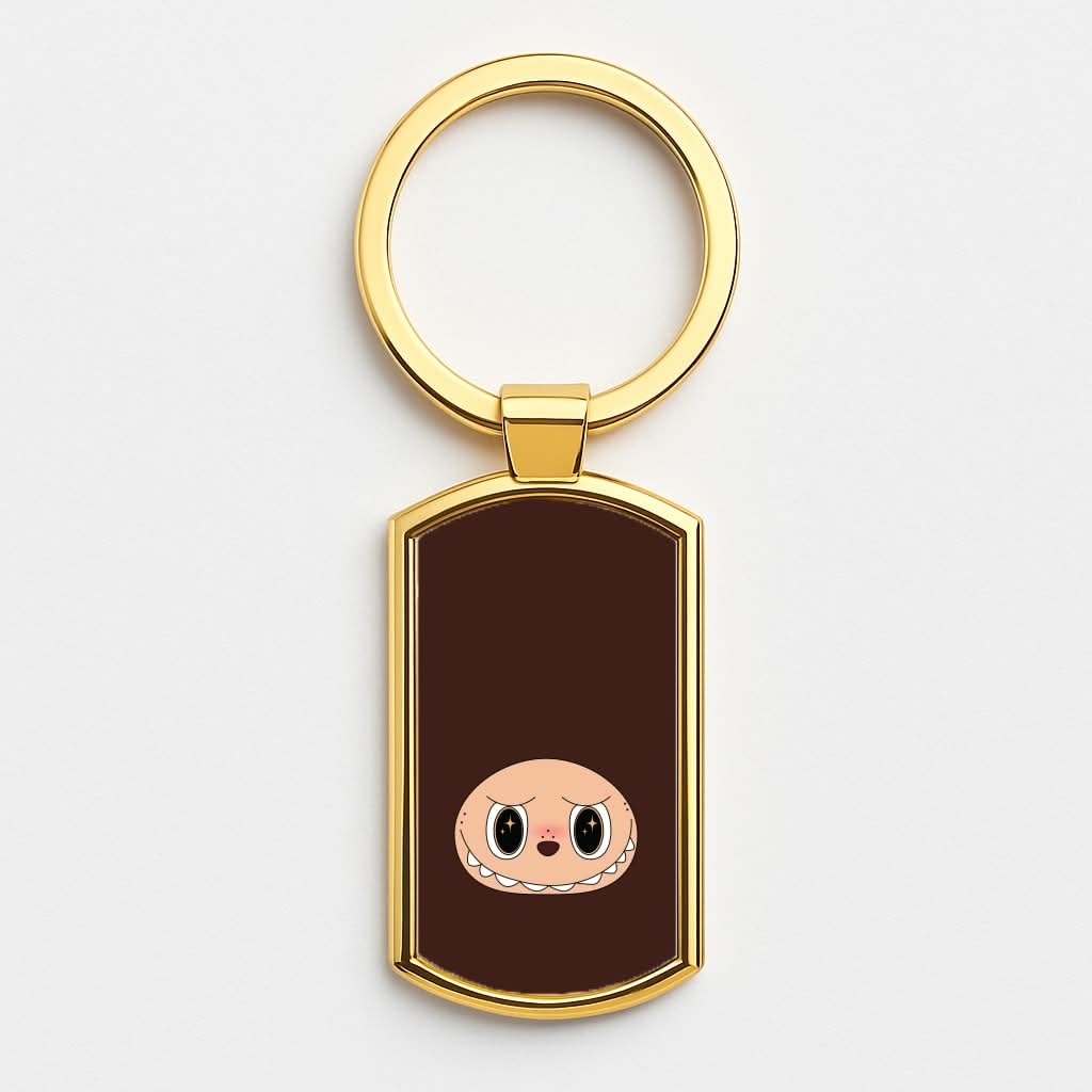 Cute Brown Monster Face Gold Keyring