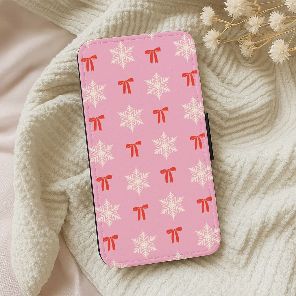 Coquette Bows And Snowflakes Pattern Leather Phone Case