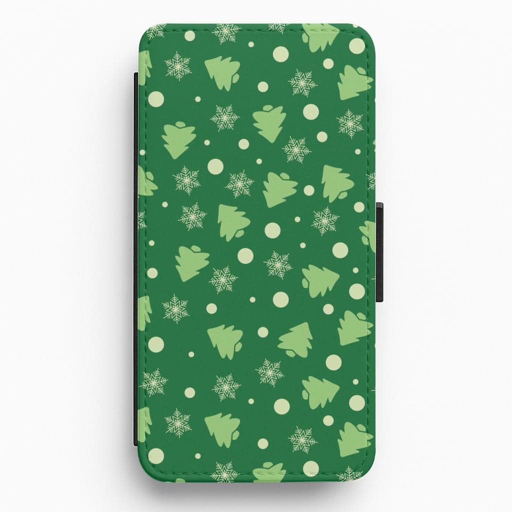 Cartoon Christmas Trees And Snowflakes Pattern Flip / Wallet Phone Case