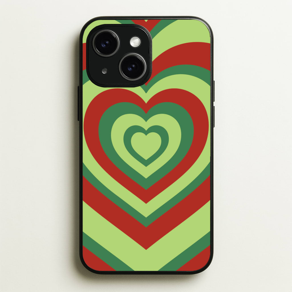 Red And Green Trippy Heart Christmas Pattern iPhone 15 Case
