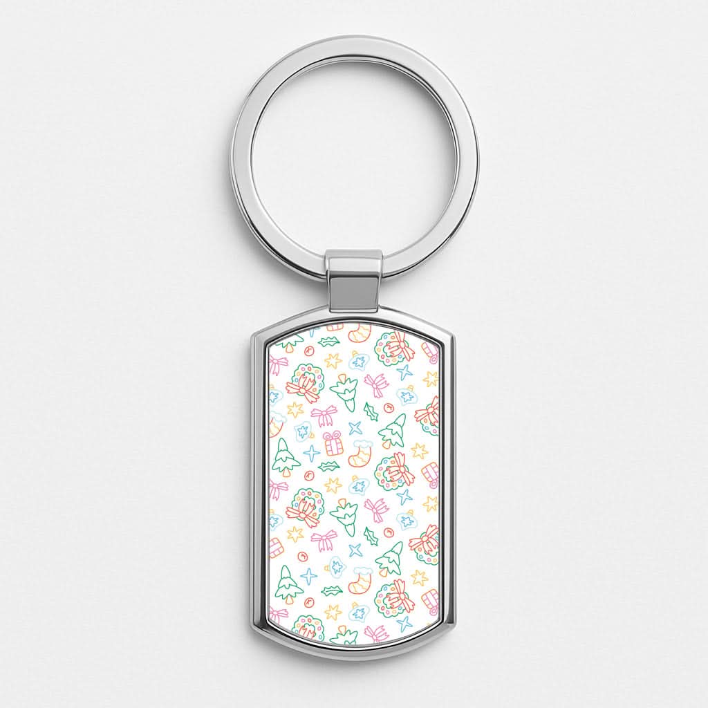 Neon Christmas Icons Pattern II Silver Metal Keyring