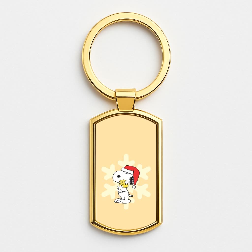 Christmas Cartoon Beagle And Bird Gold Keyring