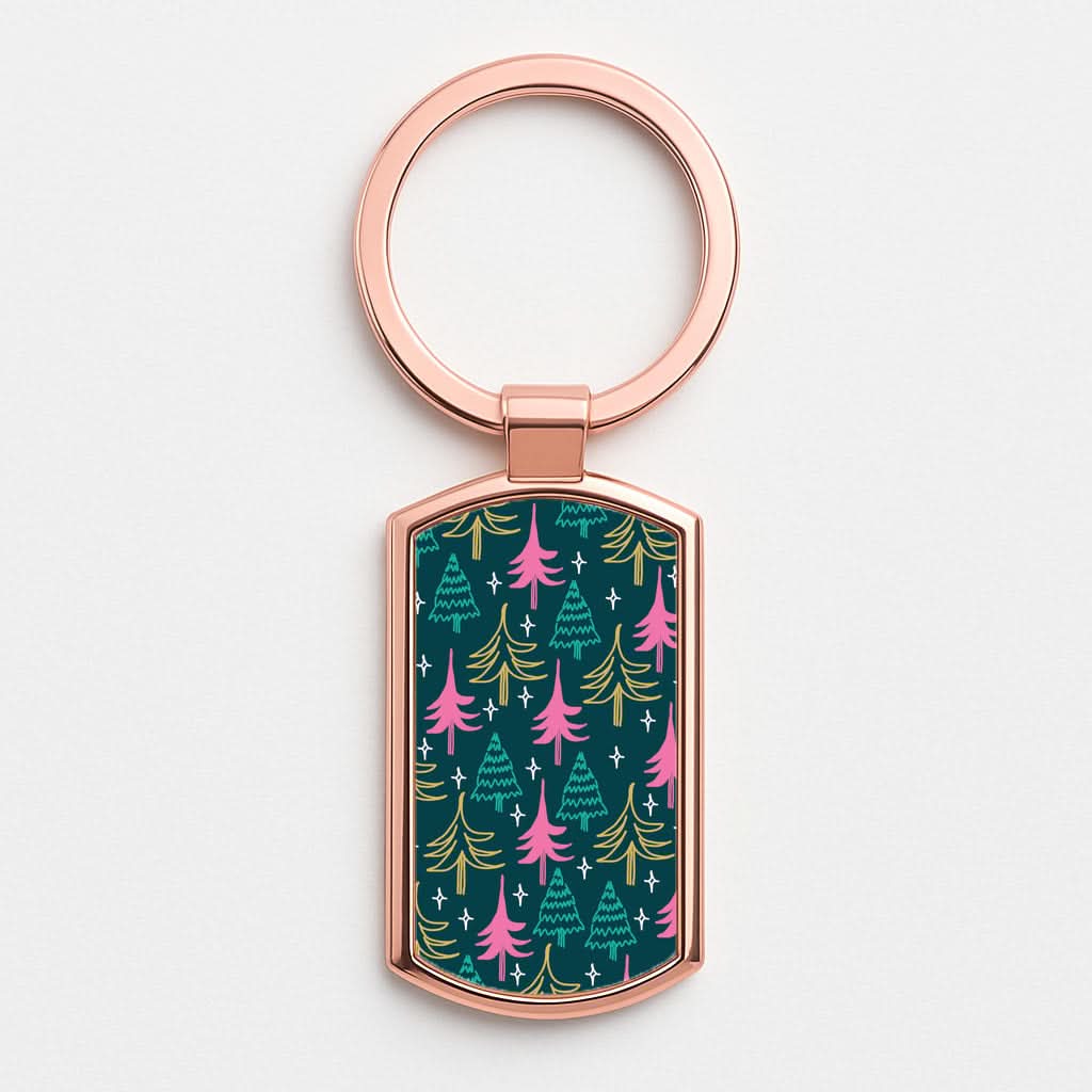Colourful Sketched Christmas Trees Pattern Rose Gold Keyring