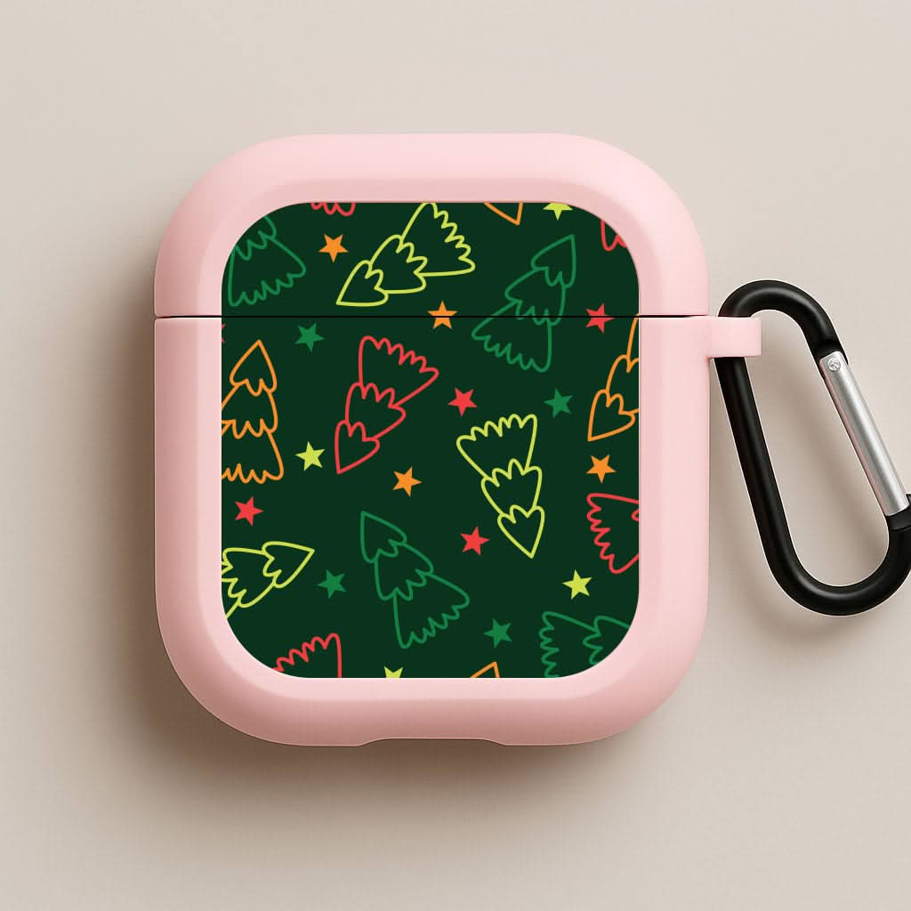 Colourful Christmas Tree Outlines Pattern Pink AirPods Case