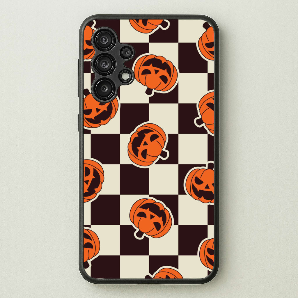 Pumpkin Stickers Checkered Pattern Galaxy A13 Case