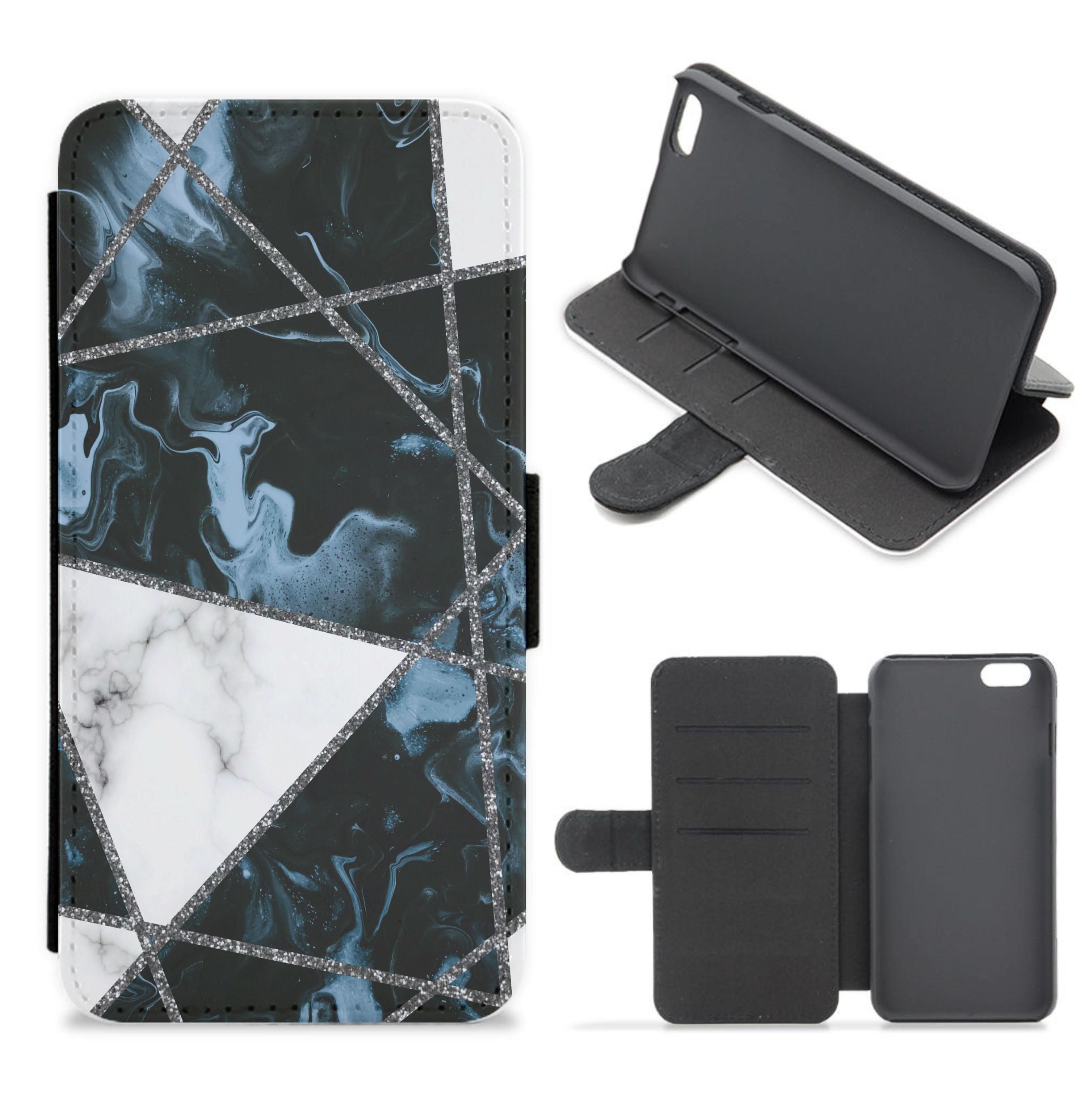 Dark Blue Marble And Silver Collage Flip / Wallet Phone Case