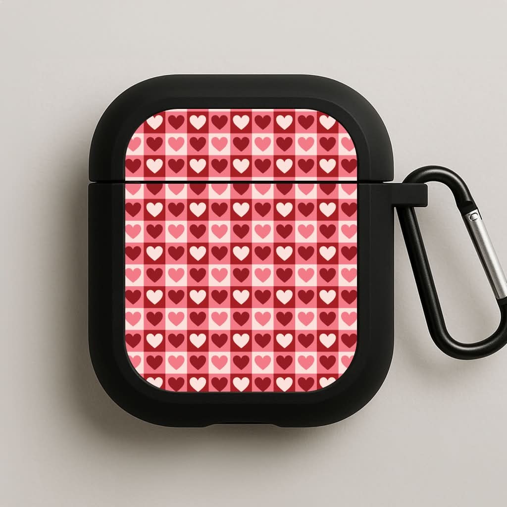 Pink Tartan Love Hearts Pattern Black AirPods Case