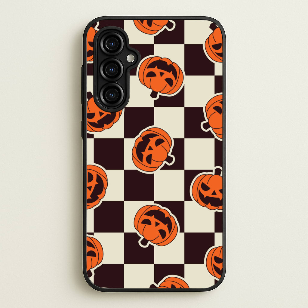 Pumpkin Stickers Checkered Pattern Galaxy A54 Case