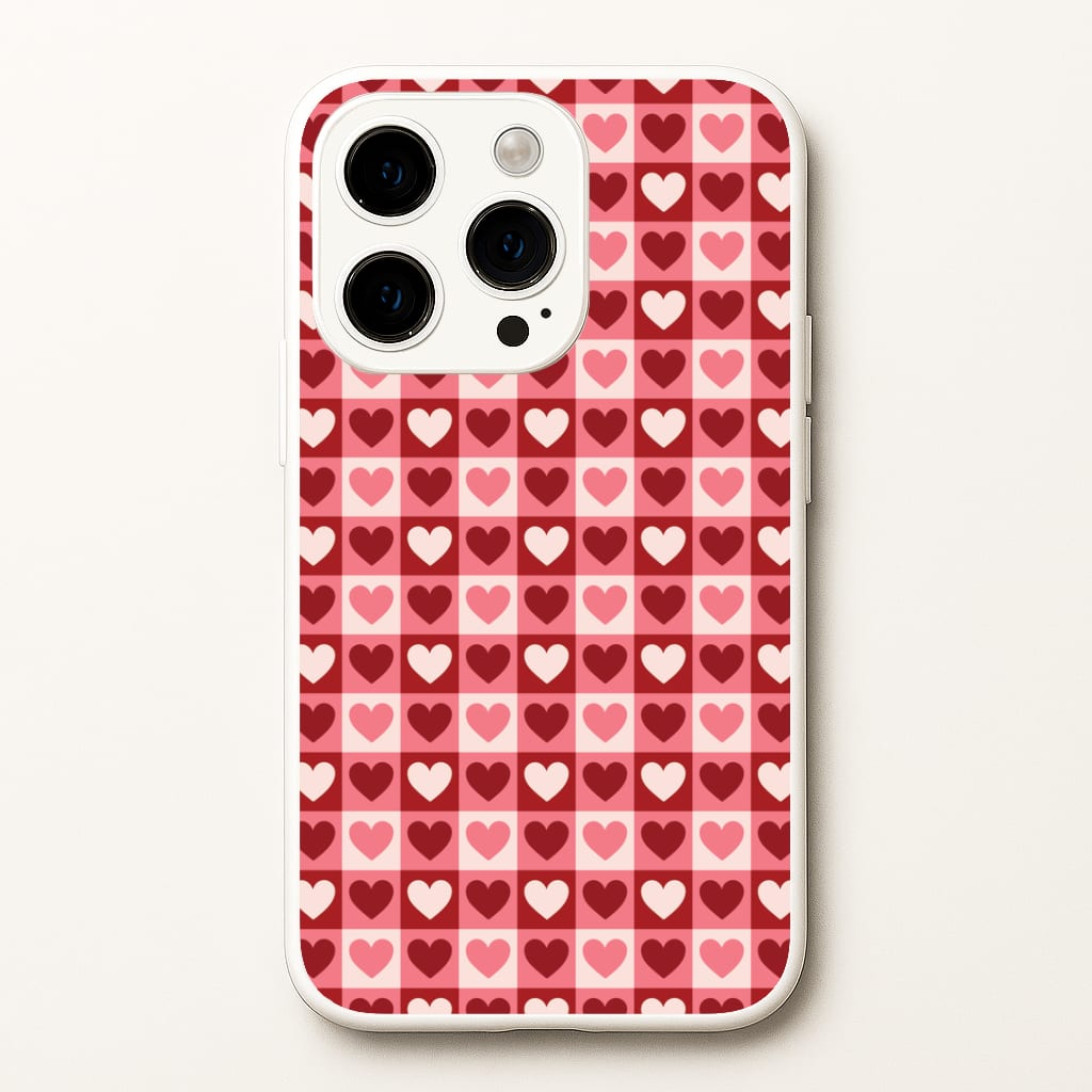 Pink Tartan Love Hearts Pattern iPhone 14 Pro Max Case