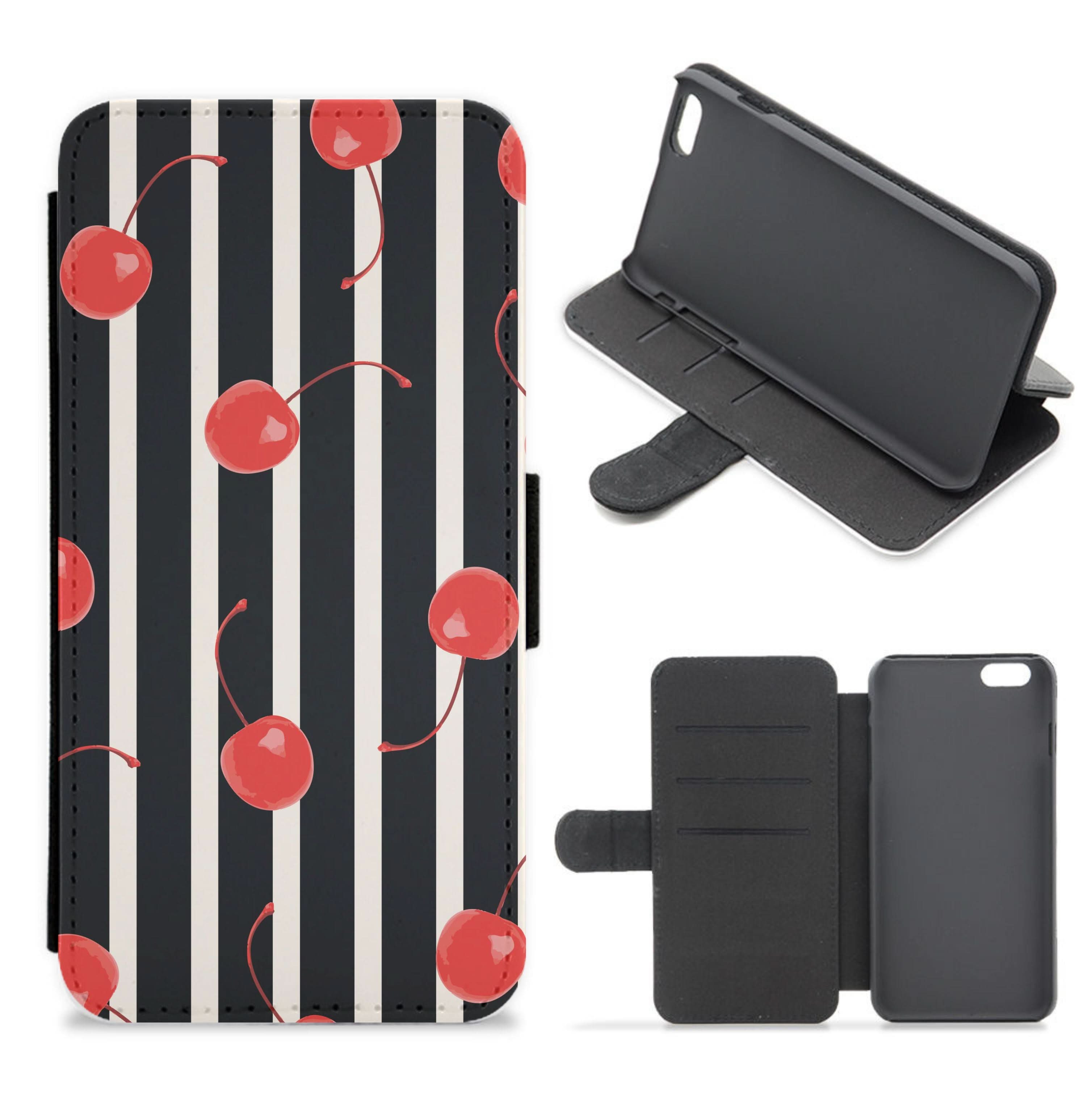 Black And White Stripes With Cherries Flip / Wallet Phone Case