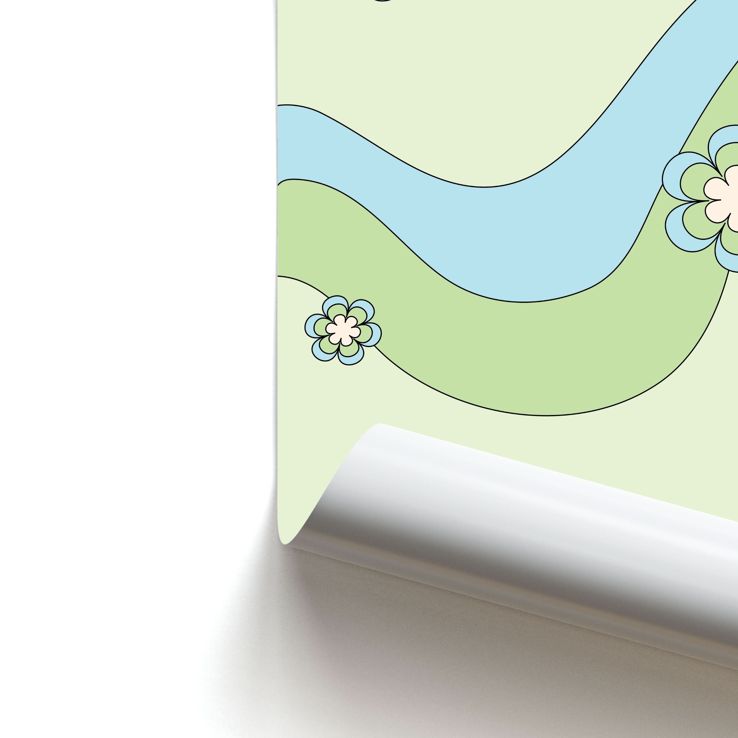 Waves And Flowers Green Retro Pattern Poster