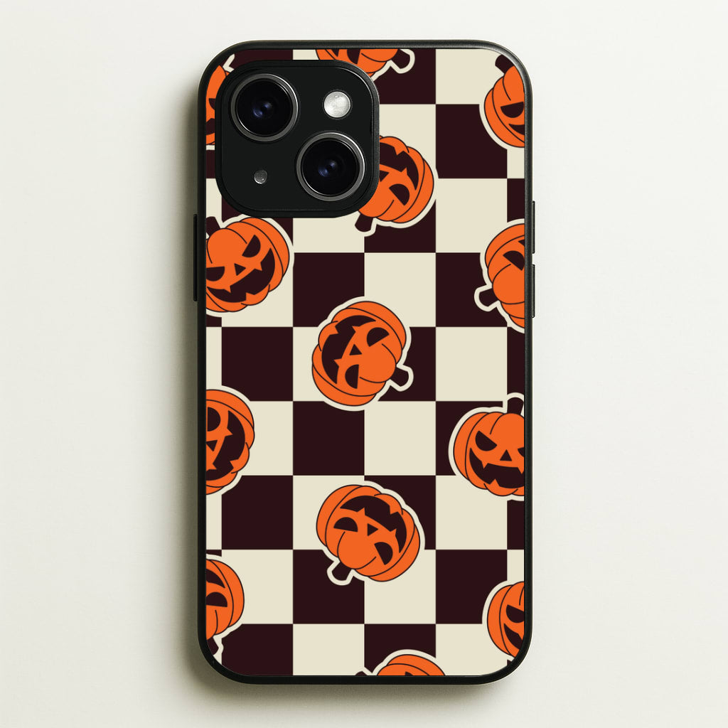 Pumpkin Stickers Checkered Pattern iPhone 15 Case