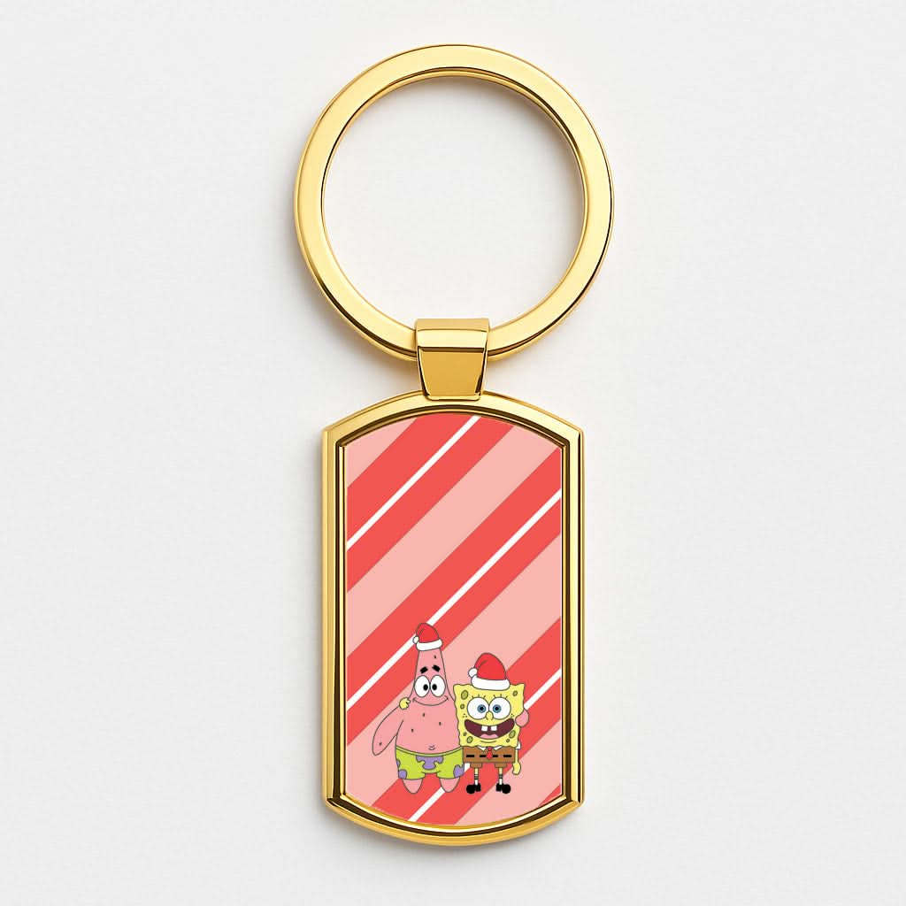 Cartoon Sponge And Starfish Christmas Hats Gold Keyring