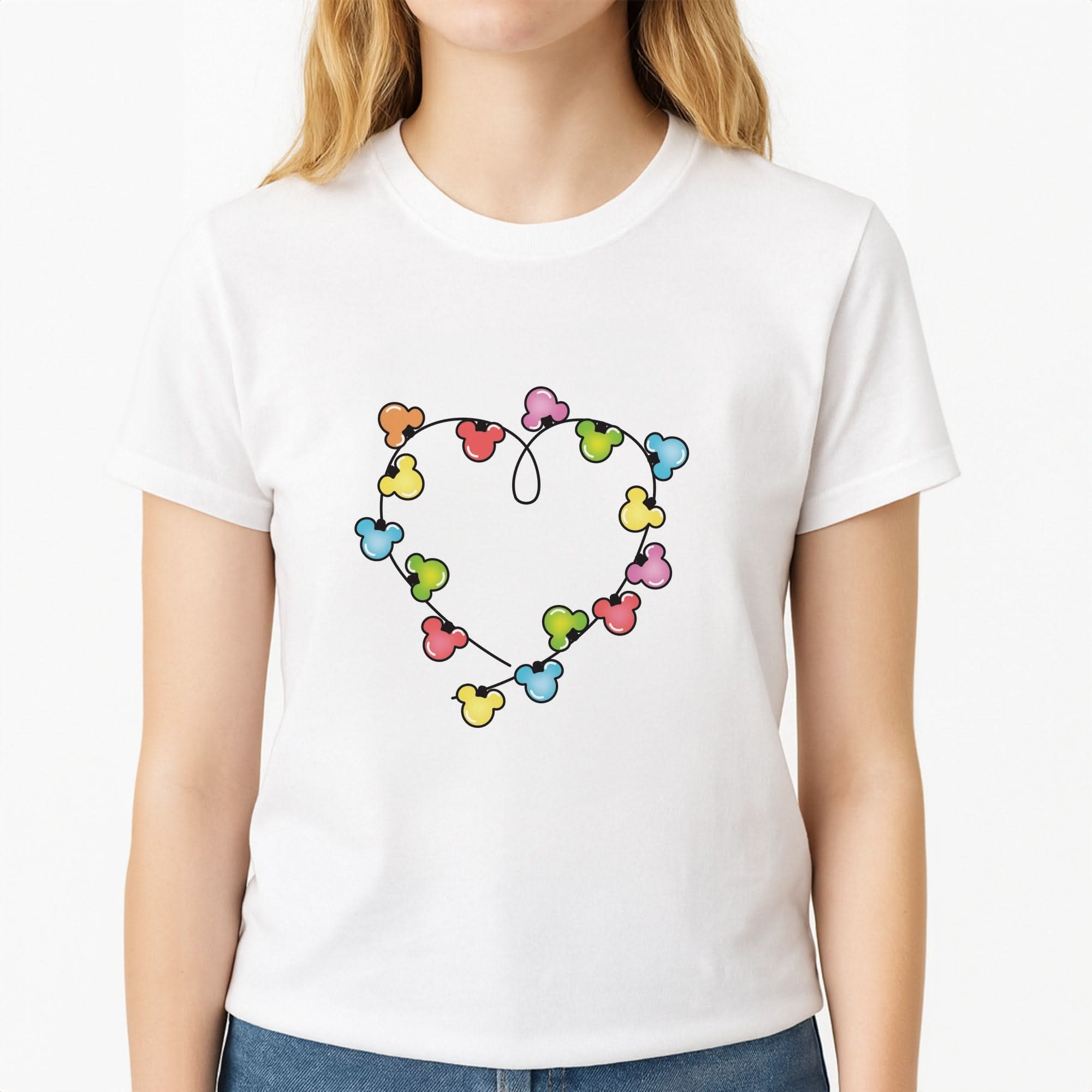 Cartoon Mouse Christmas Fairylights Heart Womens T-Shirt
