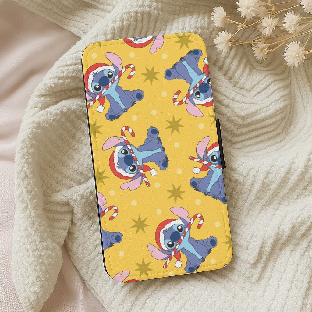 Cute Blue Alien Candycane Christmas Pattern Leather Phone Case