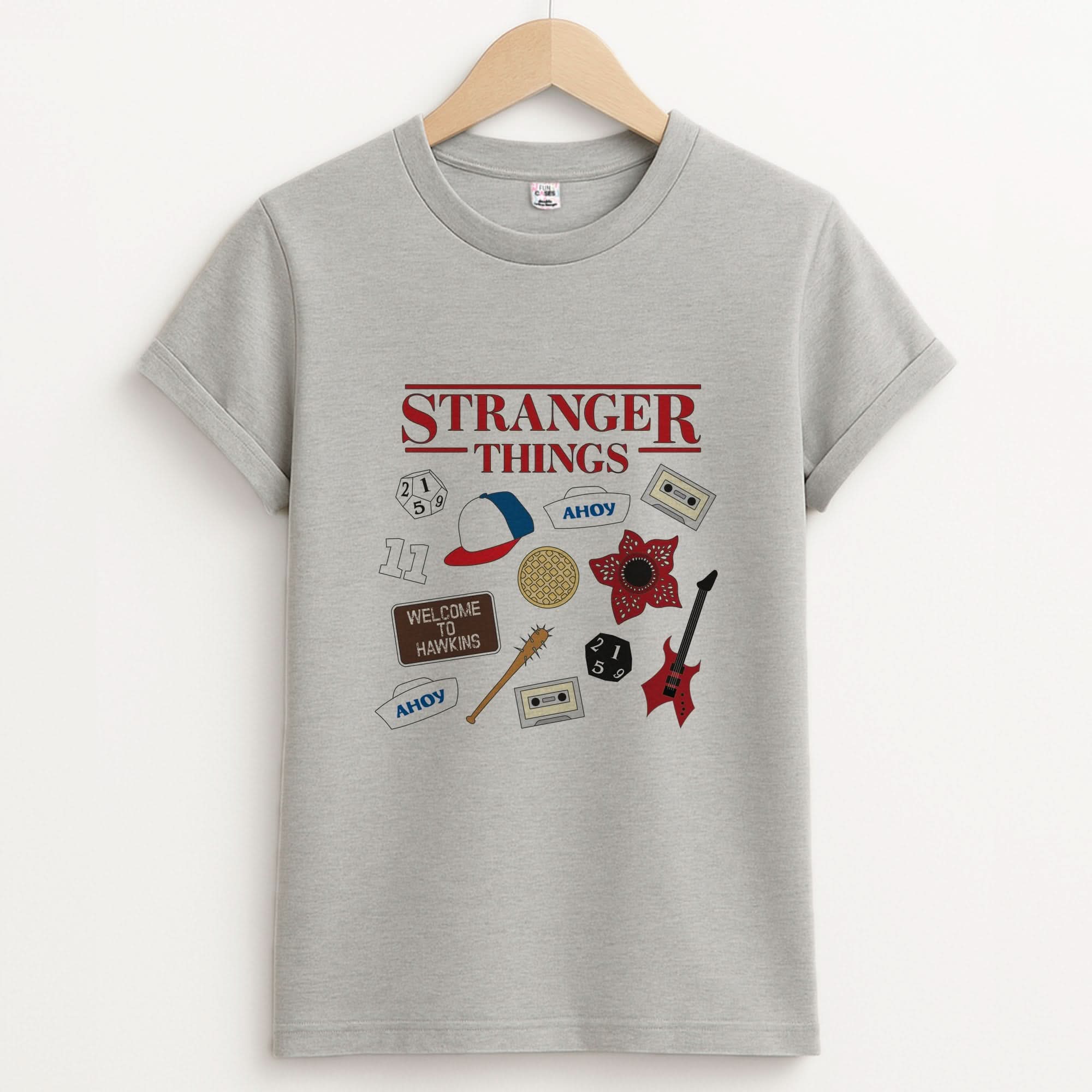 Stranger Things Cartoon Icons Unisex Grey T-Shirt